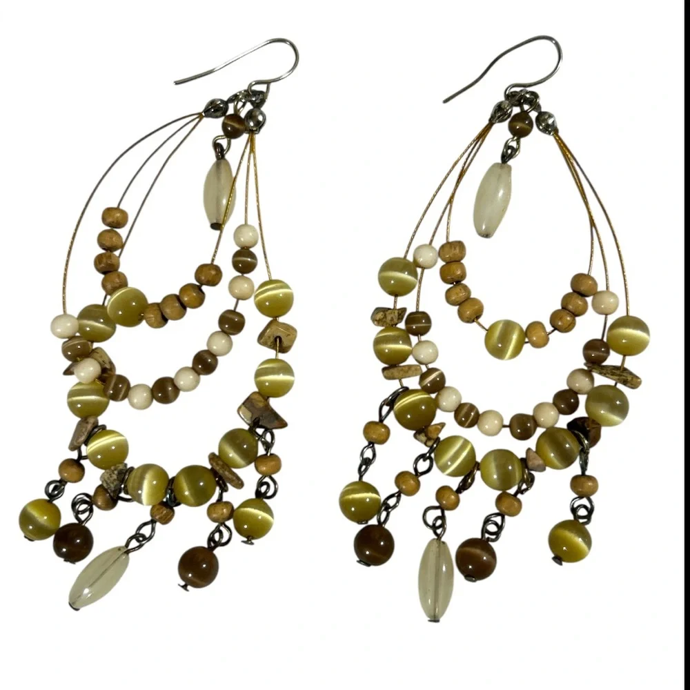Boho Chandelier Earrings‎ - Natural Tiger’s Eye & Green Cat-Eye Stones